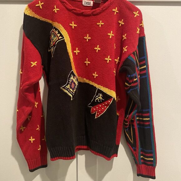 Vintage Lucia Sweater Women Size Small S Red Black Plaid Crest Preppy Academia - Picture 4 of 15